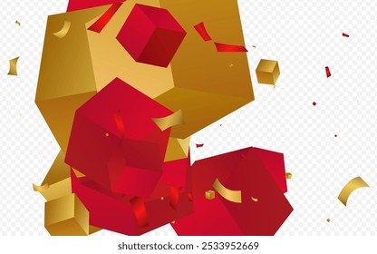 Luxury Cube Falling Abstract Vector Transparent Background. Gold and Red Confetti Fly Art Banner. Golden Element Fashion Wallpaper. Realistic Square Geometry Illustration.