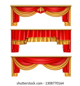 Luxury curtains realistic composition with red and gold colors for theater interior vector illustration