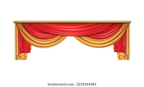 Cortinas de lujo composición realista con colores rojo y dorado para la ilustración de vectores de interiores de teatro