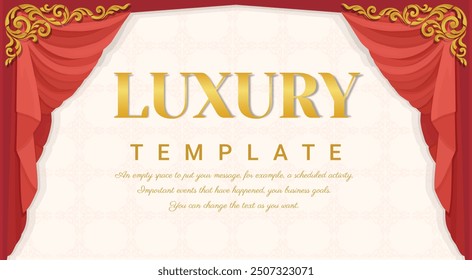 Luxury curtains Red color, Hand drawn style, Baroque ornament, and Golden outline floral border. Square theater background. EPS 10 vector illustration. 
