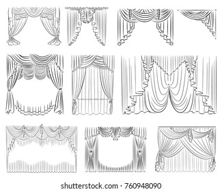 Luxury curtains vector set. Outline thin lines draperies interior decoration design isolated on white background. Curtain collection vector illustration for web or print design.