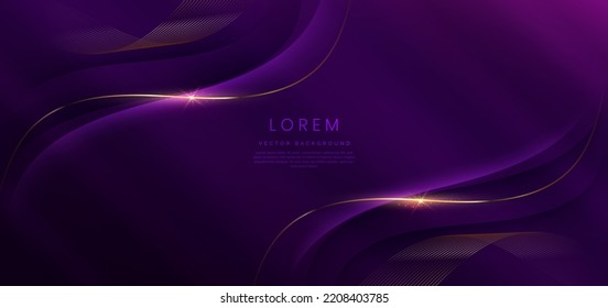 Luxury curve golden lines on dark purple  background with lighting effect copy space for text. Luxury design style. Template premium award design. Vector illustration