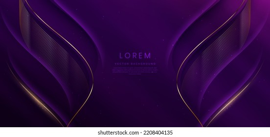 Líneas doradas de curva de lujo sobre fondo morado oscuro con efecto de iluminación espacio de copia para texto. Diseño de lujo. Diseño de premio de plantilla premium. Ilustración del vector