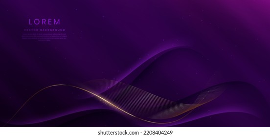 Luxury curve golden lines on dark purple  background with lighting effect copy space for text. Luxury design style. Template premium award design. Vector illustration