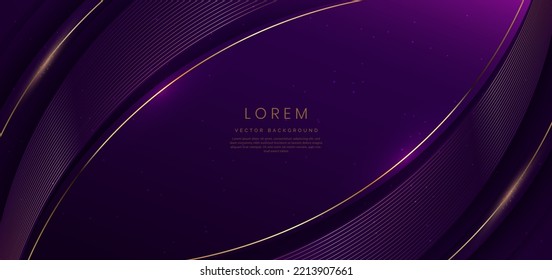 Líneas doradas de curva de lujo sobre fondo morado oscuro con efecto de iluminación espacio de copia para texto. Diseño de lujo. Diseño de premio de plantilla premium. Ilustración del vector