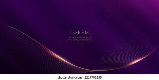 Líneas doradas de curva de lujo sobre fondo morado oscuro con efecto de iluminación espacio de copia para texto. Diseño de lujo. Diseño de premio de plantilla premium. Ilustración del vector