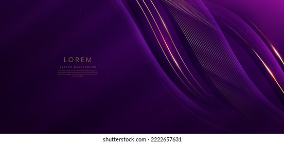 Líneas doradas de curva de lujo sobre fondo morado oscuro con efecto de iluminación espacio de copia para texto. Diseño de lujo. Diseño de premio de plantilla premium. Ilustración del vector