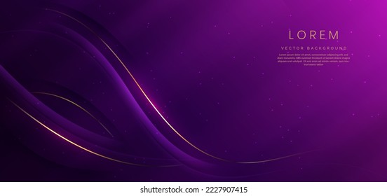 Luxury curve golden lines on dark purple  background with lighting effect copy space for text. Luxury design style. Template premium award design. Vector illustration