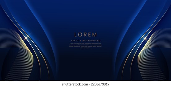 Luxury curve golden lines on dark blue  background with lighting effect copy space for text. Luxury design style. Template premium award design. Vector illustration