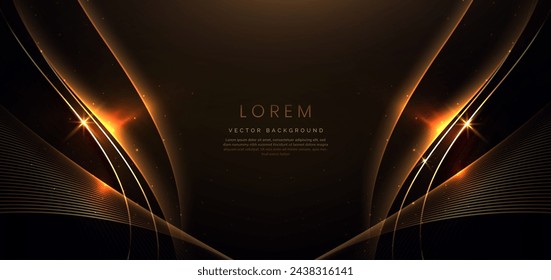 Luxury curve golden lines on dark brown background with lighting effect copy space for text. Luxury design style. Template premium award design. Vector illustration