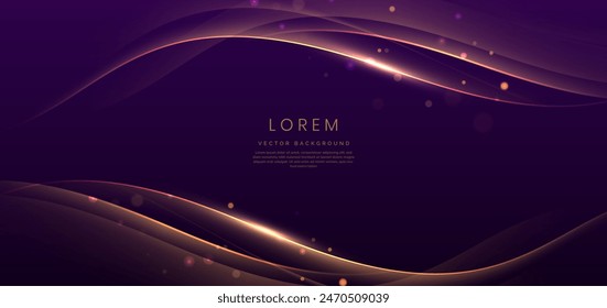 Luxury curve golden lines on dark purple background with lighting effect copy space for text. Luxury design style. Template premium award design. Vector 