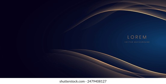 Líneas doradas de curva de lujo sobre fondo azul oscuro con efecto de iluminación y espacio de copia para texto. Diseño de lujo. Plantilla de diseño de premio premium. Vector 