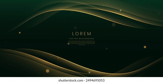 Luxury curve golden lines on dark green background with lighting effect copy space for text. Luxury design style. Template premium award design. Vector 