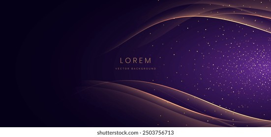 Luxury curve golden lines on dark purple background with lighting effect copy space for text. Luxury design style. Template premium award design. Vector 