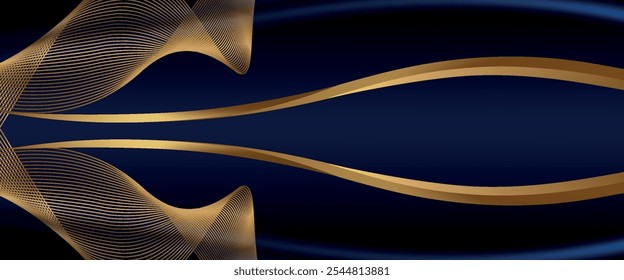 Luxury curve golden lines on dark blue background with lighting effect copy space for text. Luxury design style.