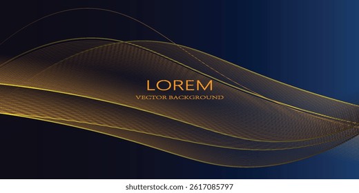Luxury curve golden lines on dark blue background with lighting effect copy space for text. Luxury design style. Premium award design template. Vector