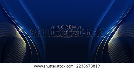 Luxury curve golden lines on dark blue  background with lighting effect copy space for text. Luxury design style. Template premium award design. Vector illustration