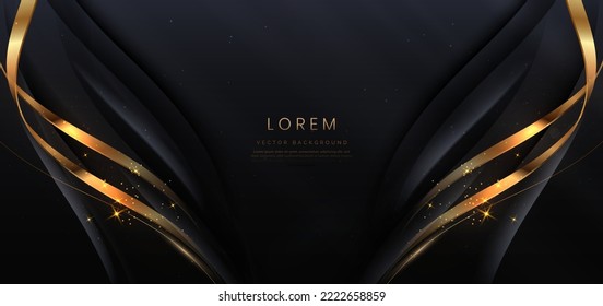 Cinta de líneas doradas de curva de lujo sobre fondo negro con efecto de iluminación espacio de copia para texto. Diseño de lujo. Diseño de premio de plantilla premium. Ilustración del vector