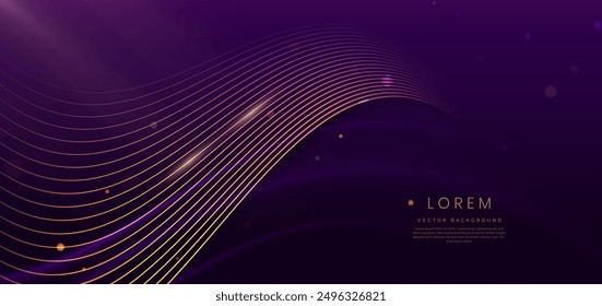 Luxury curved golden lines on dark purple background with lighting effect copy space for text. Luxury design style. Template premium award design. Vector