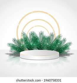 Luxury cylinder podium in white background with leafs and golden circle. Product presentation, show cosmetic product, Podium, base, display, stage pedestal