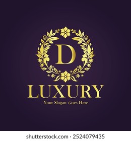 Luxury D golden flower letter logo template.