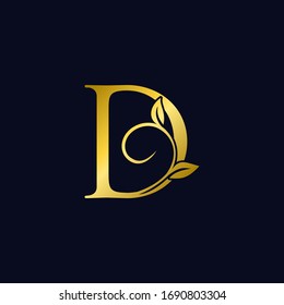 Luxury D  Initial Letter Logo gold color, vector design concept ornate swirl floral leaf ornamen with initial letter alphabet for luxury style.
