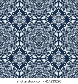 Luxury damascus seamless pattern of lace ornament on blue background