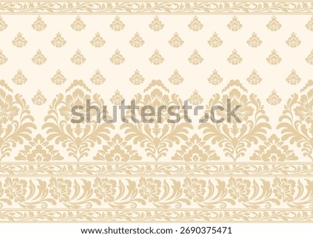 Luxury damask border pattern beige vector design, elegant damask seamless pattern for vintage wallpaper, and seamless damask pattern for classic decoration.