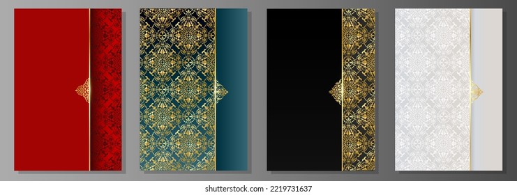 Luxury damask cover set. Victorian style pattern. Black, blue, red and white brochures, elegant vouchers, luxurious invitation cards