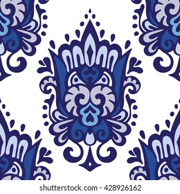 Luxury Damask flower seamless pattern blue and white background