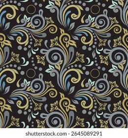 Luxury damask pattern in gold, teal, and gray for opulent and elegant designs. Vector seamless border in Victorian style. Vector, illustration.