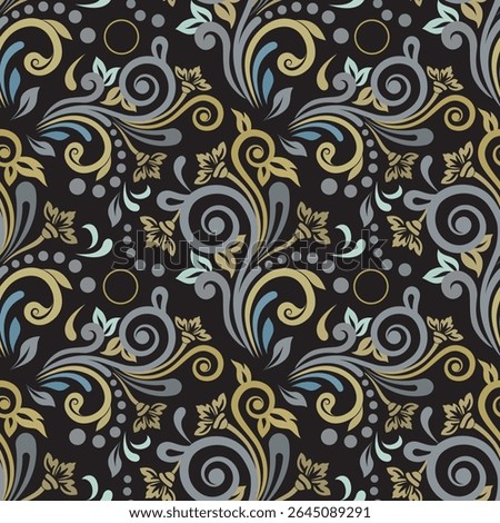 Luxury damask pattern in gold, teal, and gray for opulent and elegant designs. Vector seamless border in Victorian style. Vector, illustration.