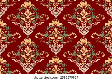 Luxury damask pattern with intricate floral elements on a rich red background. Perfect for wallpaper, textiles, or elegant design projects. Classic vintage style with ornate details.