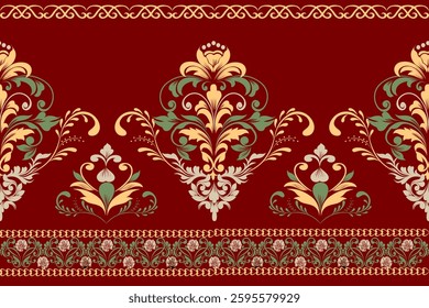 Luxury damask pattern with intricate floral elements on a rich red background. Perfect for wallpaper, textiles, or elegant design projects. Classic vintage style with ornate details.