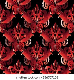 Luxury damask  seamless pattern.Elegant baroque wallpaper. Floral rich black background with vintage  decorative red flowers, leaves and antique ornaments.