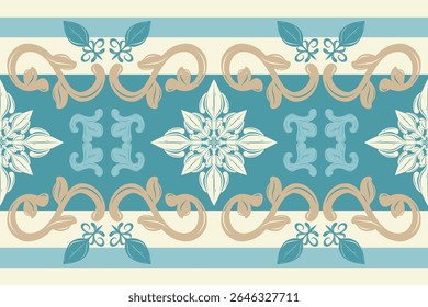 Luxury Damask Velvet Intricate Motif Florals Border Pattern with Gold Blue on Beige Background. Elegance Botany Baroque Atlantis Inspired Artistic Ornament Style for Embroidery Silk Filigree Scarf Rug
