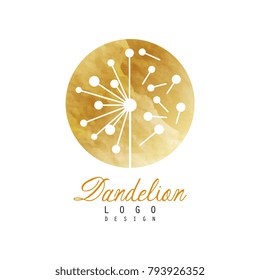 Luxury dandelion logo design template. Textured golden emblem with wild flower. Vector botanical label for organic product, natural cosmetics or spa center