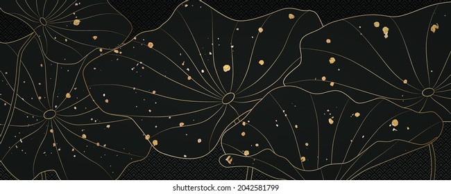Luxury dark abstract background with lotus leaves in gold for packaging design and web banners.