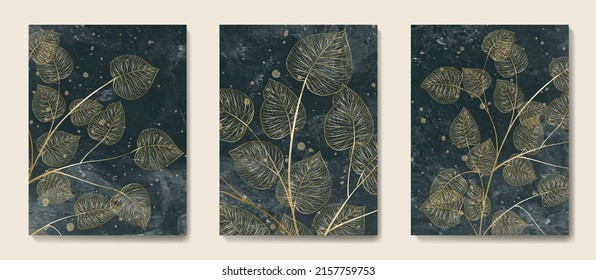 Luxury dark art background with eucalyptus leaves in gold color in art line style. Botanical poster set with watercolor textures for decoration, interior design, textile, packaging	
