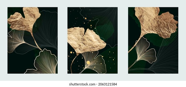 Luxury dark art background with golden ginkgo leaves. Botanical poster set for print, home decor, design