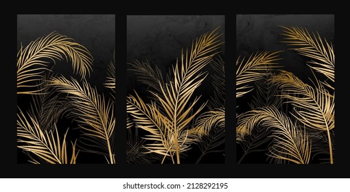 Luxury dark art background with golden palm leaves. Vector botanical set with tropical plants for decoration, design, wallpaper