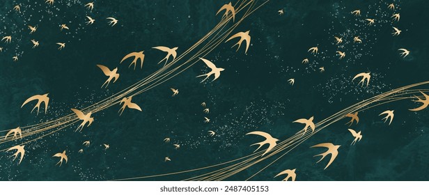 Luxury dark art background with golden birds on waves in line style. Vector elegant banner for decor, print, wallpaper, textile, poster, cover, invitations, interior design.