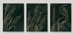 Luxury Dark Art Background With Grass In Golden Color. Botanical Watercolor Style Poster Set For Wallpaper, Textile, Interior Design, Decor.