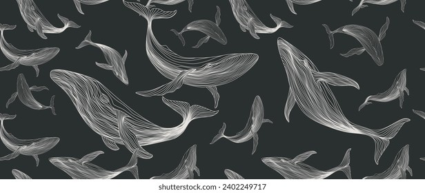 Luxury dark art background with hand drawn whale seamless pattern in line style. Animalistic banner for wallpaper, textile, print, poster, interior design.