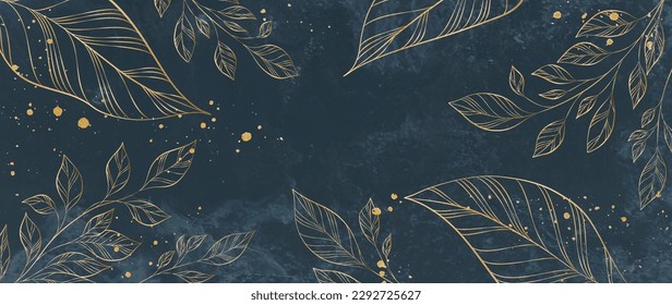 Luxury dark art background with tropical leaves in golden linear style. Hand drawn botanical banner for decoration design, print, wallpaper, textile, interior design, packaging, cover.