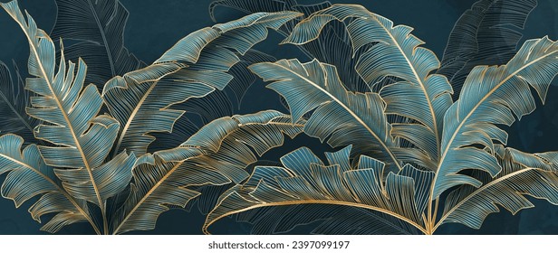 Luxury dark art background with tropical palm leaves in golden line art style. Botanical banner with exotic plants for decoration, print, wallpaper, textiles, packaging, interior.