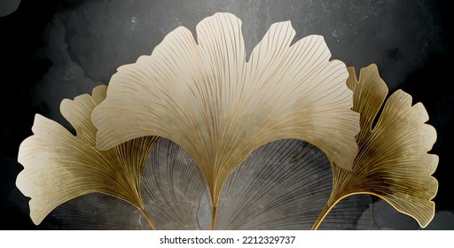 Luxury dark art background with white ginkgo leaves in gold line art hand drawn. Botanical banner in watercolor style for decoration, wallpaper, wall, textile, print, packaging, interior design.