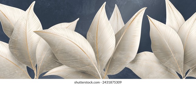 Luxury dark art background with white exotic leaves in golden line style. Botanical vector banner for decoration, print, wallpaper, textile, interior design, packaging, poster.