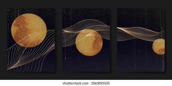 Luxury dark background with abstract golden lines waves and moon. Art design for print, home decor and design.