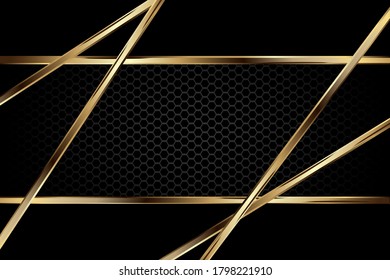 Luxury dark background with carbon texture and golden border line, Vector graphic illustration